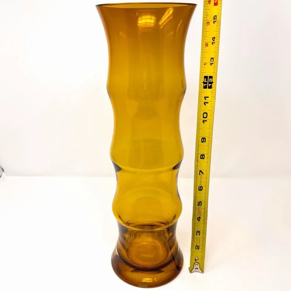 Large Vintage Amber Glass Bamboo Vase Poland 16” Mid Century Modern MCM